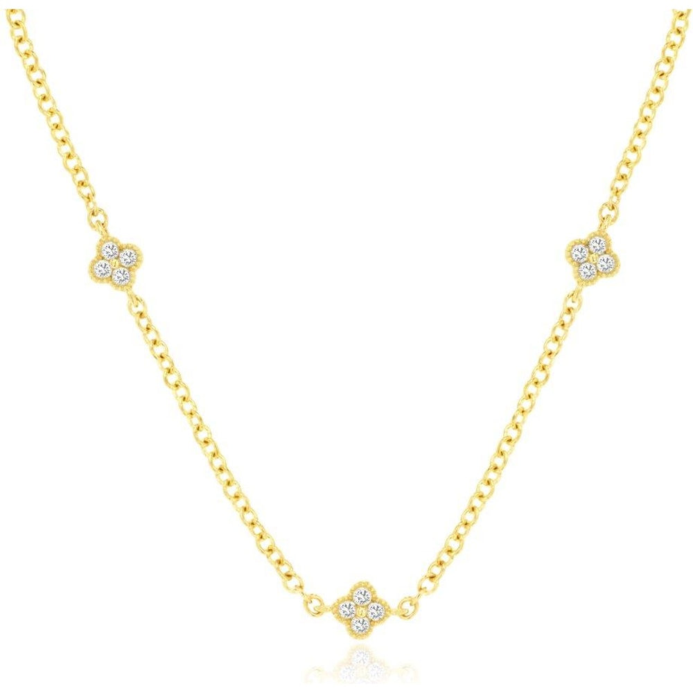 14K Yellow Gold Station Necklace with Milgrain Four-Leaf Clover Diamond Motifs - 0.25 Carat Total Diamond Weight - Royal Jewelry