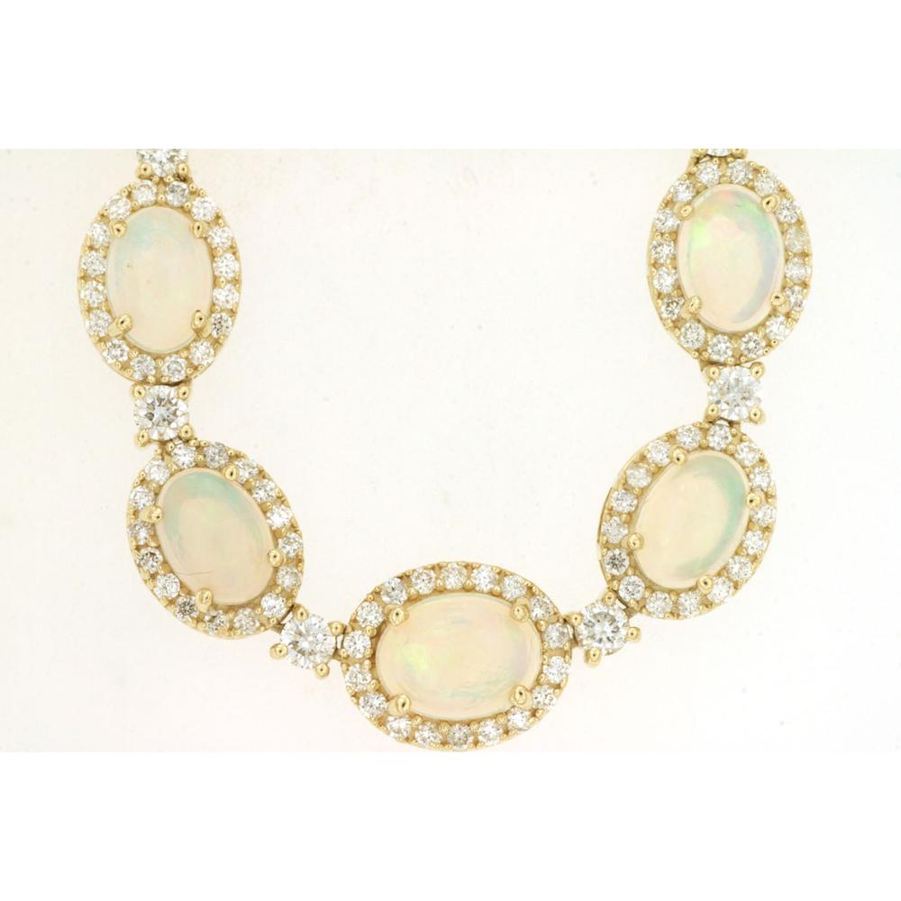 14K Yellow Gold Station Necklace with Oval Opals and Diamond Halos - 8.20 Carat Total Opal Weight and 5.40 Carat Total Diamond Weight - Royal Jewelry