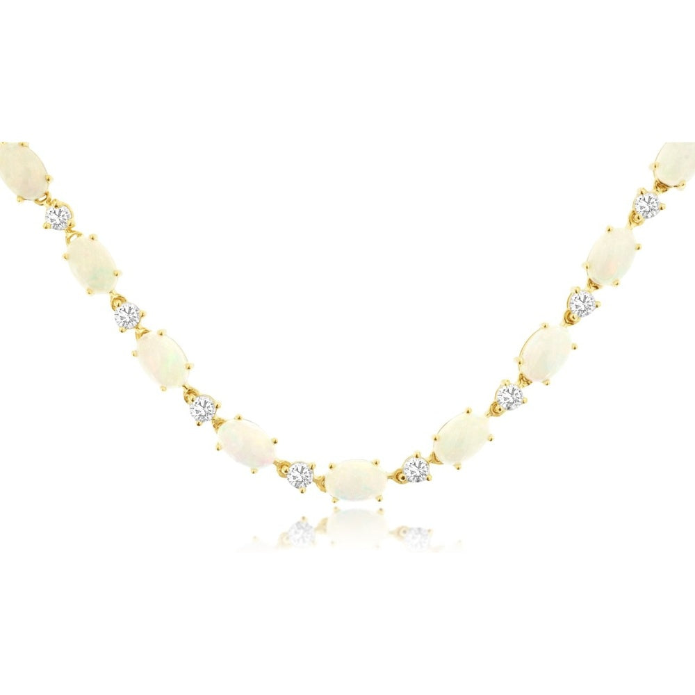 14K Yellow Gold Station Necklace with Oval Opals and Round Diamonds - 7.50 Carat Opal Weight and 1.30 Carat Diamond Weight - Royal Jewelry