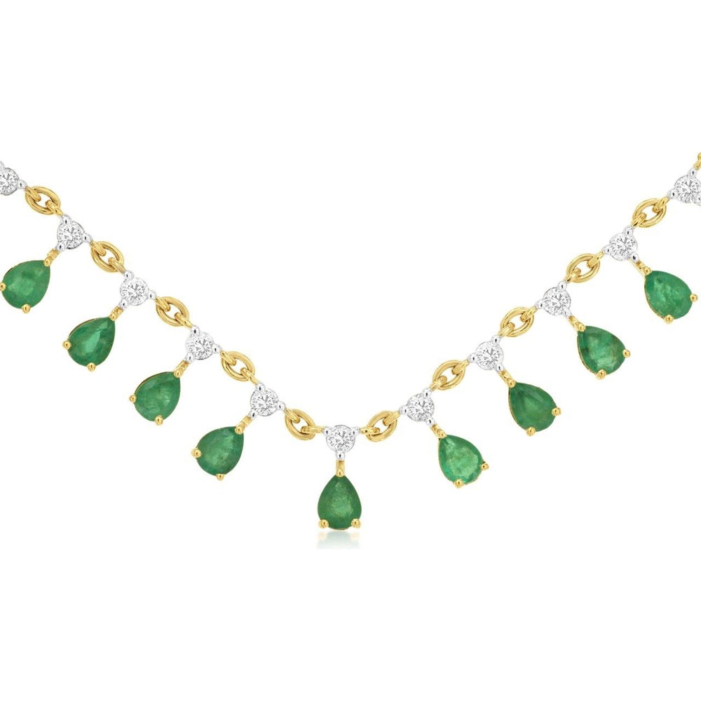 14K Yellow Gold Station Necklace with Pear-Shaped Emerald Drops and Round Diamonds - 1.80 Carat Total Emerald Weight and 0.35 Carat Total Diamond Weight - Royal Jewelry