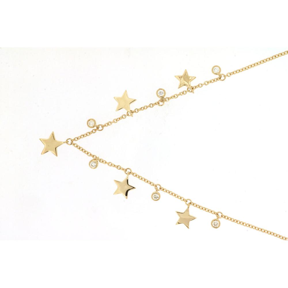 14K Yellow Gold Station Necklace with Polished Star Motifs and Bezel-Set Round Diamonds - 0.11 Carat Total Diamond Weight - Royal Jewelry