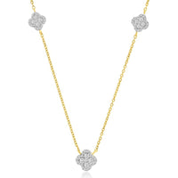 14K Yellow Gold Station Necklace with Prong-Set Round Diamond Four-Leaf Clover Motifs - 0.40 Carat Total Diamond Weight - Royal Jewelry