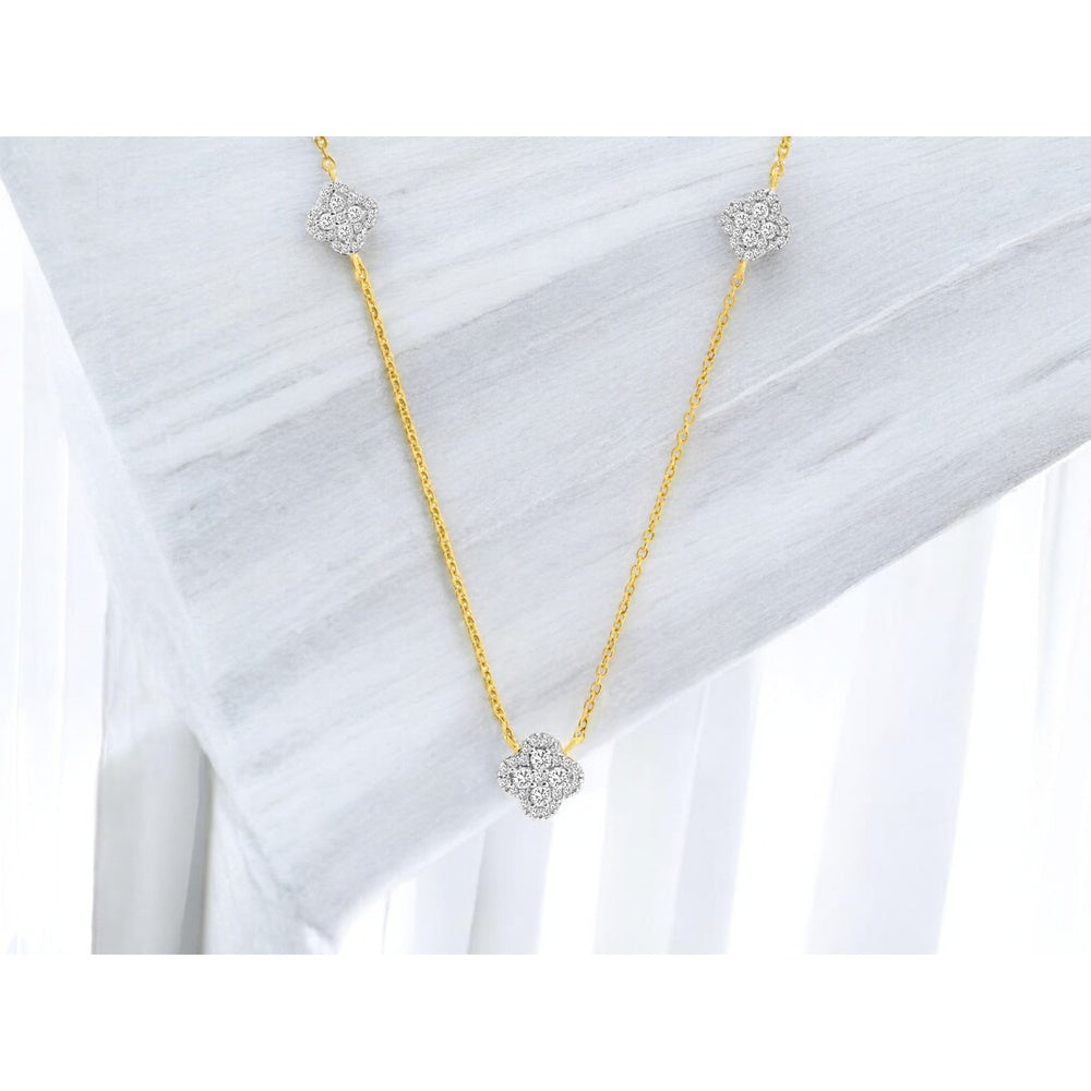 14K Yellow Gold Station Necklace with Prong-Set Round Diamond Four-Leaf Clover Motifs - 0.40 Carat Total Diamond Weight - Royal Jewelry