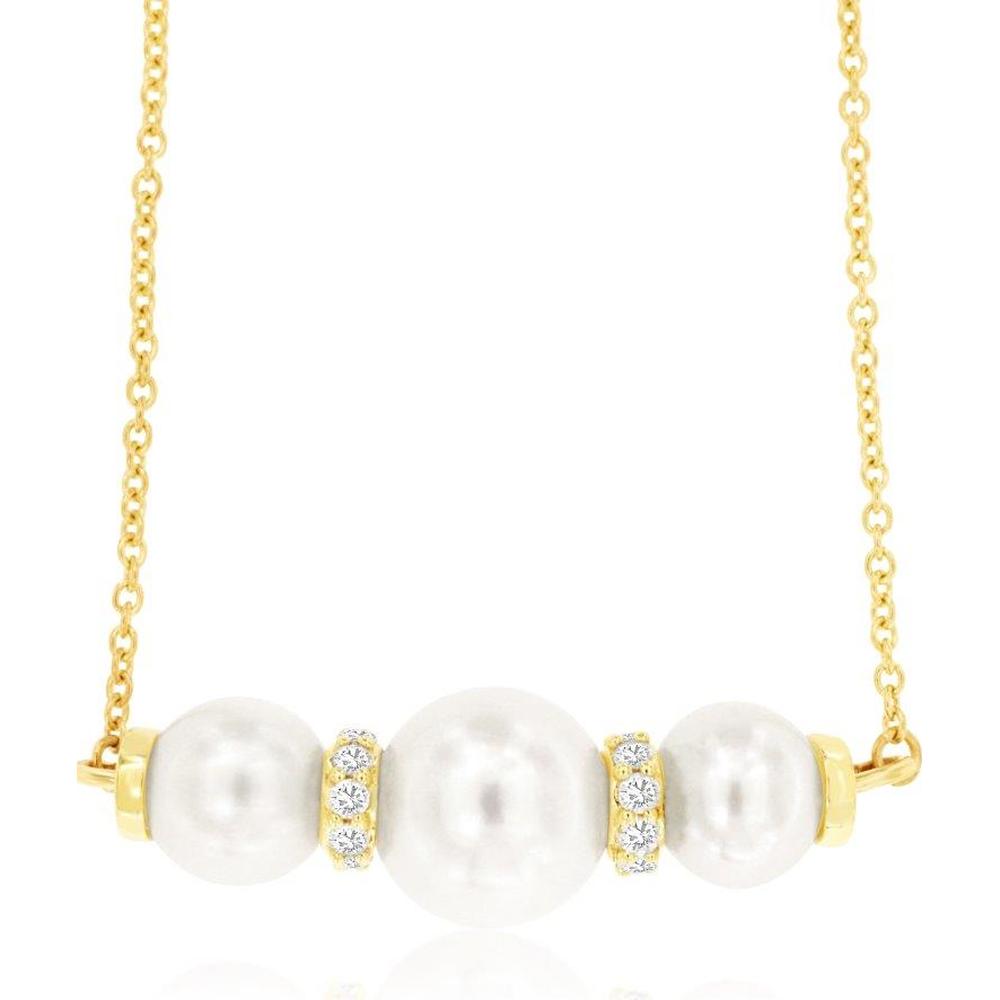 14K Yellow Gold Station Necklace with Three Pearls and Diamond Accents – 0.15 Carat Total Diamond Weight - Royal Jewelry