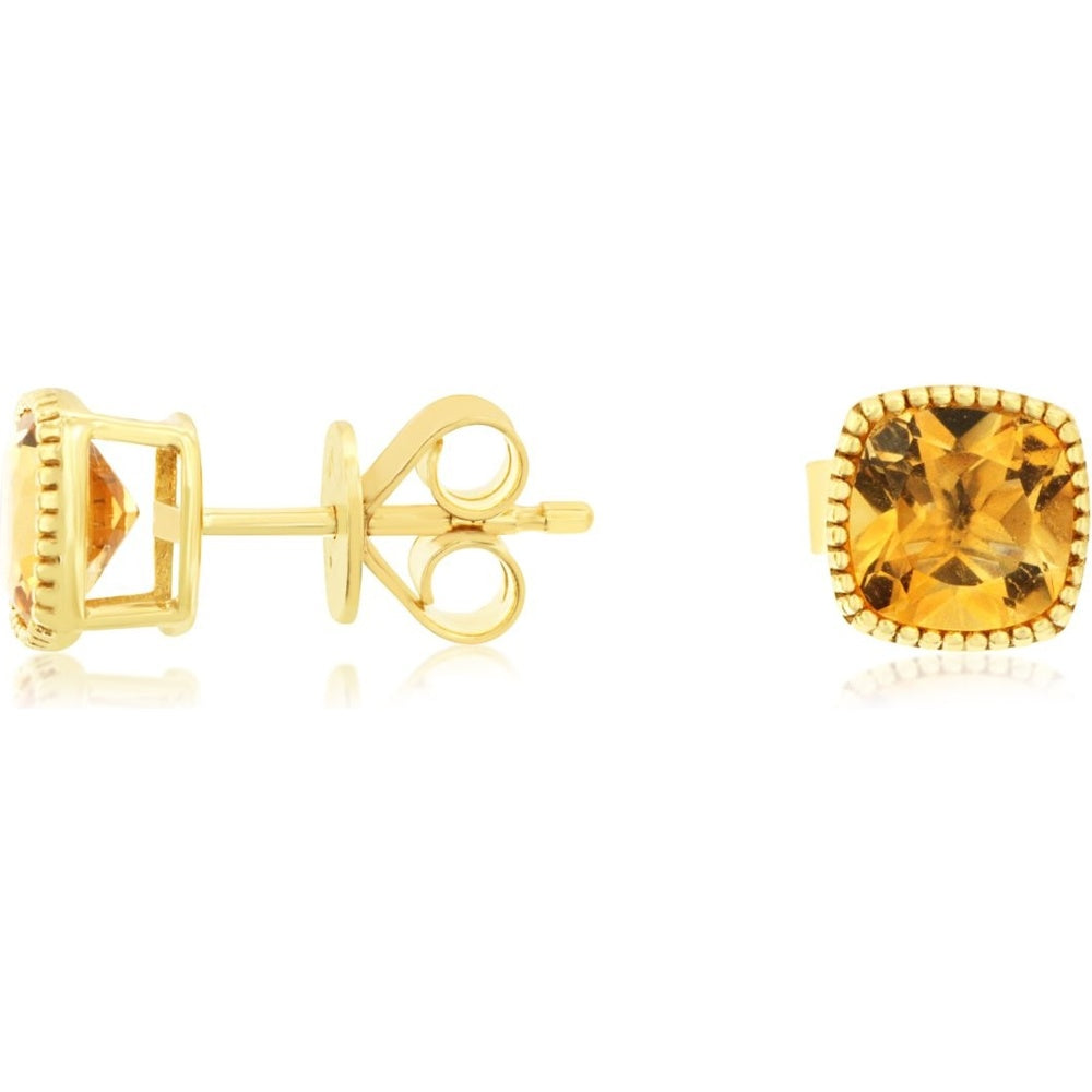 14K Yellow Gold Stud Earrings with Milgrain Bezel and Cushion Cut Citrine - 1.80 Carat Total Gem Weight - Royal Jewelry