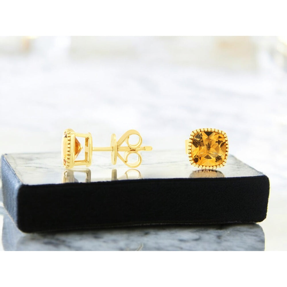 14K Yellow Gold Stud Earrings with Milgrain Bezel and Cushion Cut Citrine - 1.80 Carat Total Gem Weight - Royal Jewelry