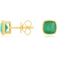 14K Yellow Gold Stud Earrings with Milgrain Edge Cushion Cut Emeralds - 1.70 Carat Total Emerald Weight - Royal Jewelry