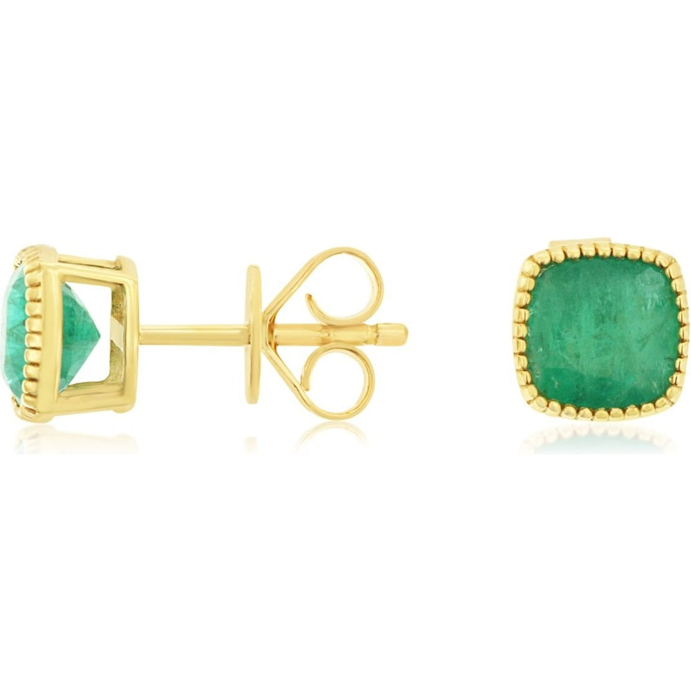 14K Yellow Gold Stud Earrings with Milgrain Edge Cushion Cut Emeralds - 1.70 Carat Total Emerald Weight - Royal Jewelry