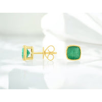 14K Yellow Gold Stud Earrings with Milgrain Edge Cushion Cut Emeralds - 1.70 Carat Total Emerald Weight - Royal Jewelry