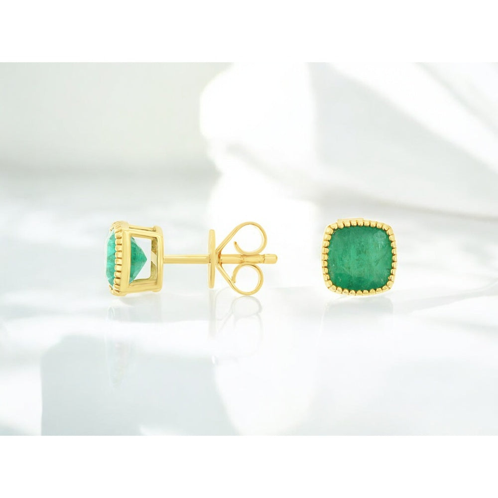14K Yellow Gold Stud Earrings with Milgrain Edge Cushion Cut Emeralds - 1.70 Carat Total Emerald Weight - Royal Jewelry