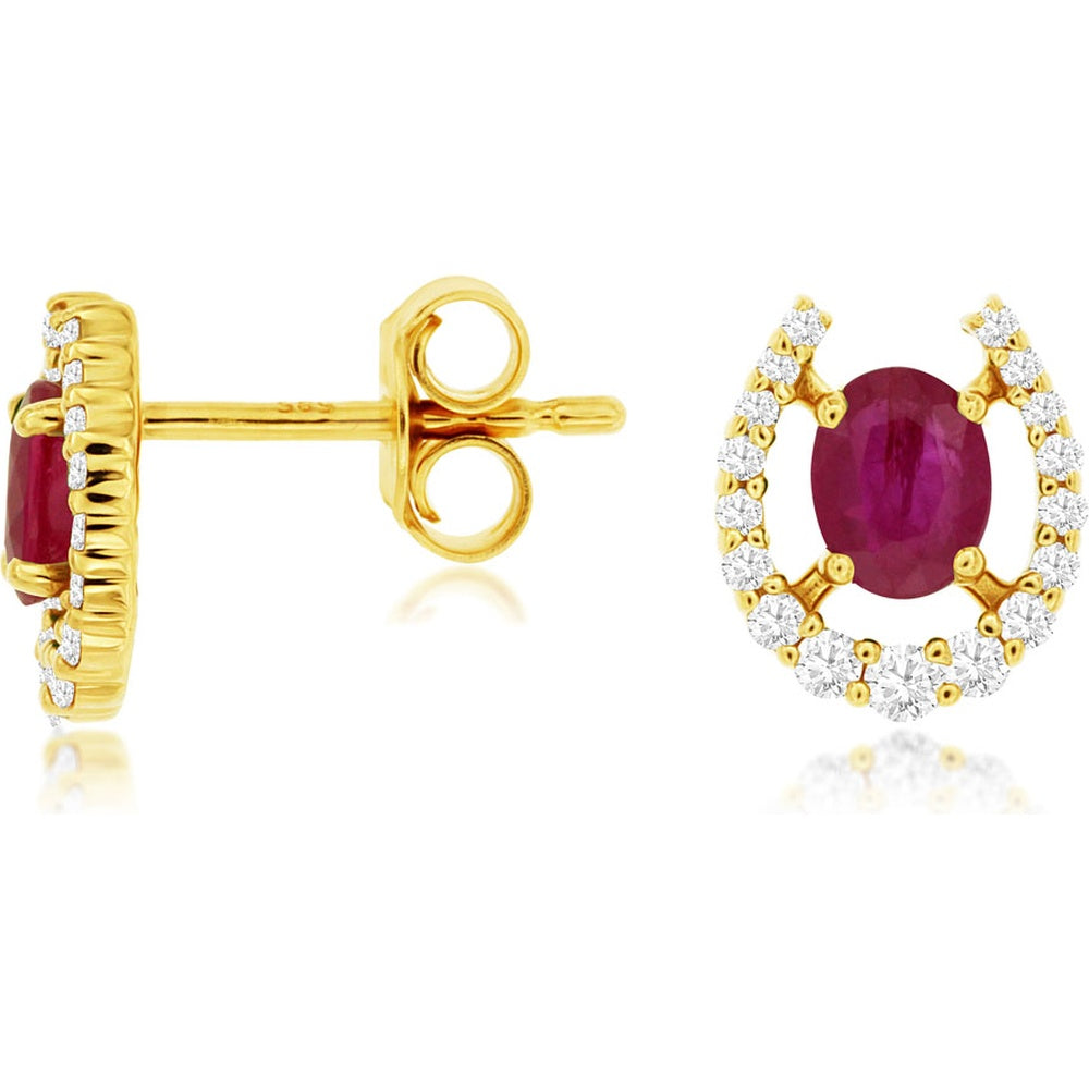 14K Yellow Gold Stud Earrings with Oval Rubies and Open Diamond Halo - 0.82 Carat Total Ruby Weight and 0.25 Carat Total Diamond Weight - Royal Jewelry