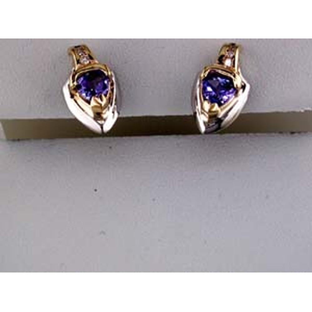14K Yellow Gold Stud Earrings with Trillion Tanzanite and Round Diamond Accents - 0.50 Carat Total Tanzanite Weight & 0.09 Carat Total Diamond Weight - Royal Jewelry