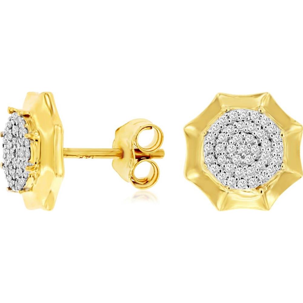 14K Yellow Gold Sunburst Cluster Diamond Stud Earrings with Pave-Set Round Brilliant Diamonds - 0.15 Carat Total Diamond Weight - Royal Jewelry