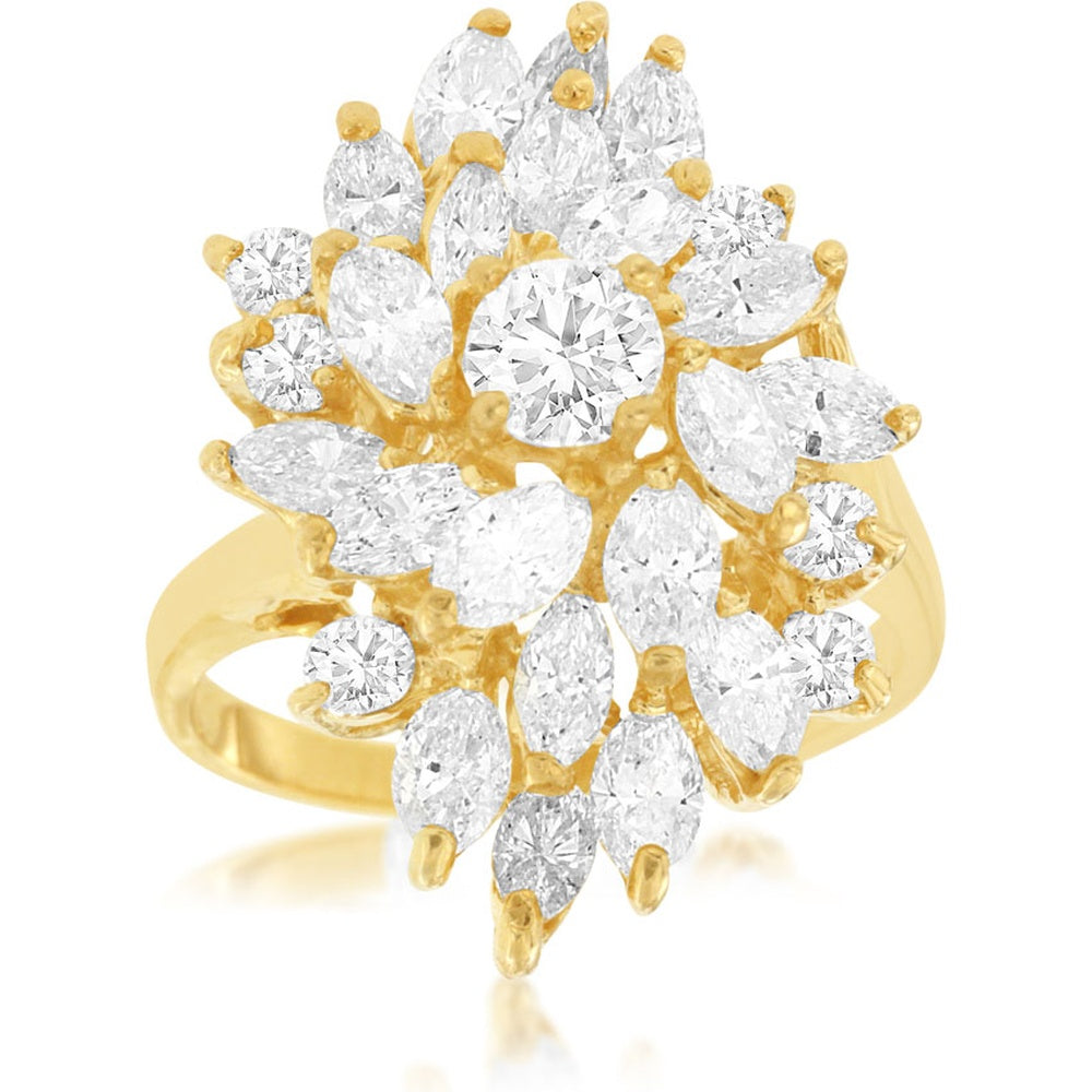 14K Yellow Gold Sunburst Cluster Ring with Marquise and Round Diamonds - 3.30 Carat Total Diamond Weight - Royal Jewelry