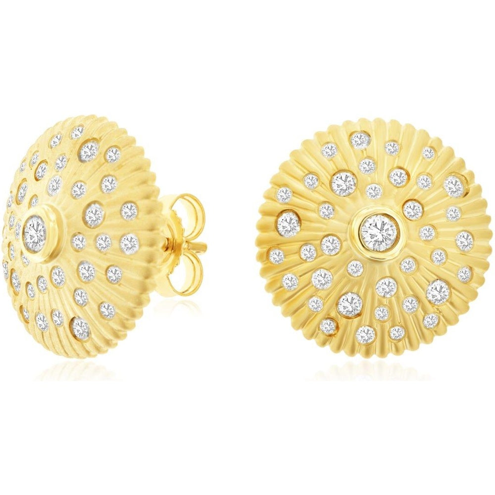 14K Yellow Gold Sunburst Diamond Stud Earrings with Bezel-Set Center and Fluted Grooves - 0.50 Carat Total Diamond Weight - Royal Jewelry