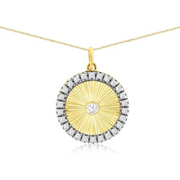 14K Yellow Gold Sunburst Disc Pendant with Bezel-Set Round Center Diamond and Diamond Halo - 0.25 Carat Total Diamond Weight - Royal Jewelry
