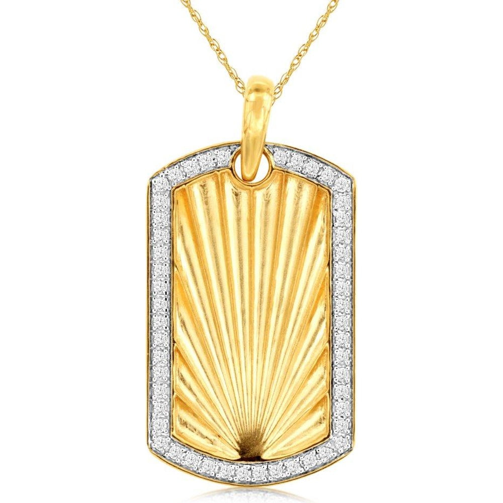 14K Yellow Gold Sunburst Dog Tag Pendant with Milgrain-Edge Round Diamond Halo - 0.20 Carat Total Diamond Weight - Royal Jewelry