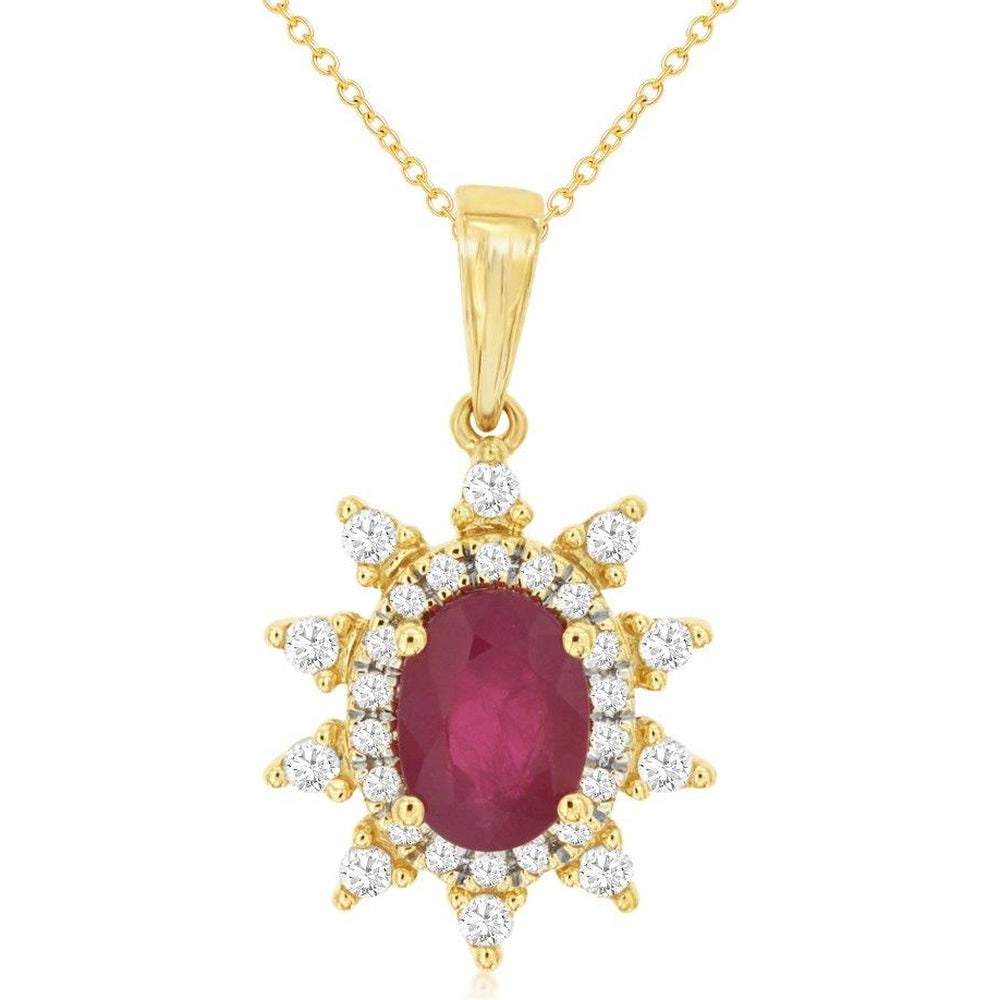 14K Yellow Gold Sunburst Halo Pendant Necklace with Oval Ruby and Round Diamonds - 0.90 Carat Ruby and 0.25 Carat Total Diamond Weight - Royal Jewelry