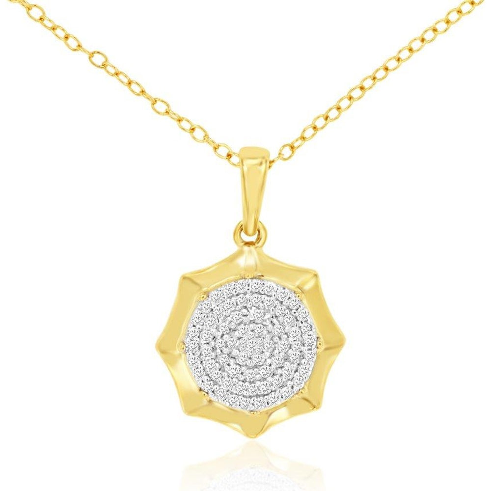 14K Yellow Gold Sunburst Halo Pendant Necklace with Pavé-Set Round Diamonds - 0.18 Carat Total Diamond Weight - Royal Jewelry