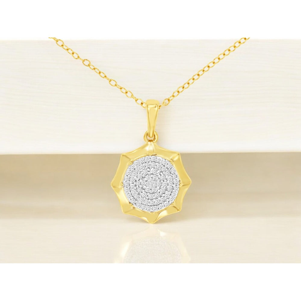 14K Yellow Gold Sunburst Halo Pendant Necklace with Pavé-Set Round Diamonds - 0.18 Carat Total Diamond Weight - Royal Jewelry