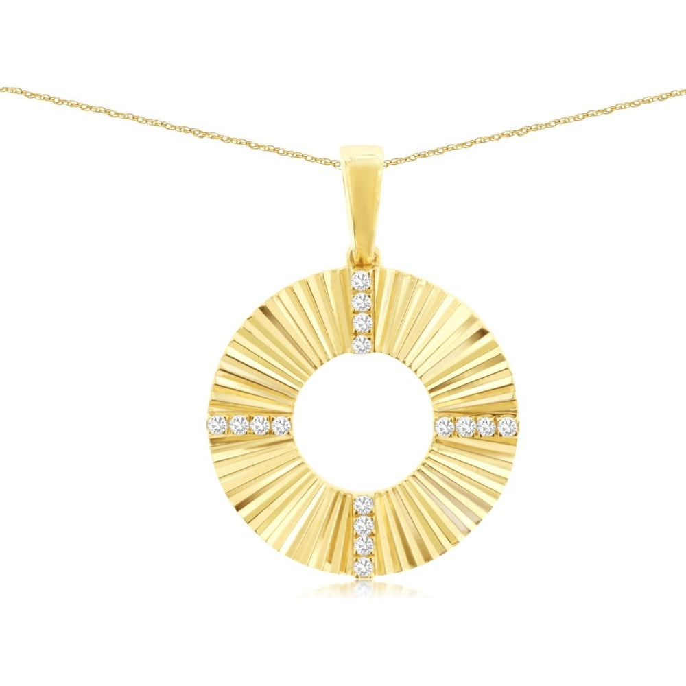 14K Yellow Gold Sunburst Open Circle Pendant with Channel-Set Round Brilliant Diamonds - 0.08 Carat Total Diamond Weight - Royal Jewelry