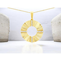 14K Yellow Gold Sunburst Open Circle Pendant with Channel-Set Round Brilliant Diamonds - 0.08 Carat Total Diamond Weight - Royal Jewelry