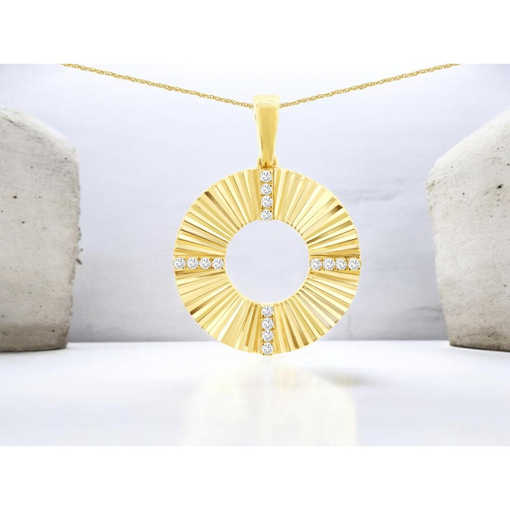 14K Yellow Gold Sunburst Open Circle Pendant with Channel-Set Round Brilliant Diamonds - 0.08 Carat Total Diamond Weight - Royal Jewelry