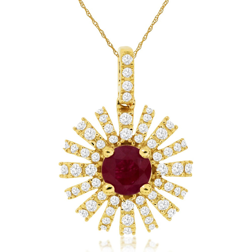 14K Yellow Gold Sunburst Pendant with Round Ruby Center and Diamond Accented Rays - 0.47 Carat Ruby and 0.33 Carat Total Diamond Weight - Royal Jewelry