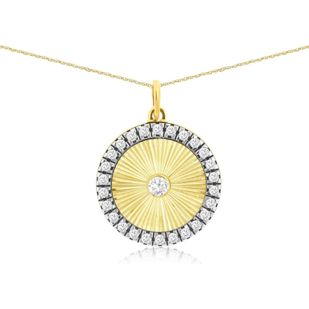 14K Yellow Gold Sunburst Texture Pendant with Halo-Set Round Diamonds - 0.25 Carat Total Diamond Weight - Royal Jewelry