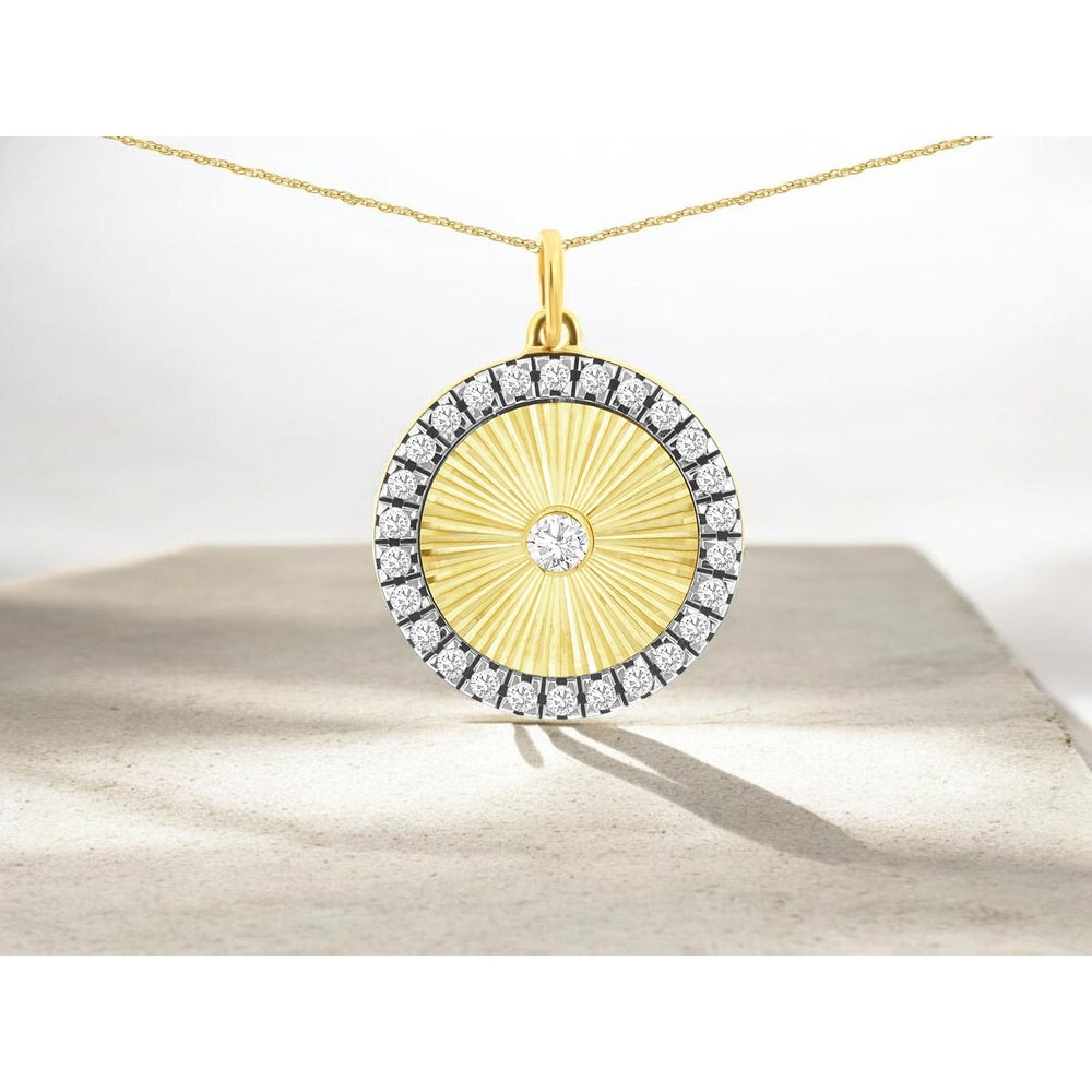 14K Yellow Gold Sunburst Texture Pendant with Halo-Set Round Diamonds - 0.25 Carat Total Diamond Weight - Royal Jewelry