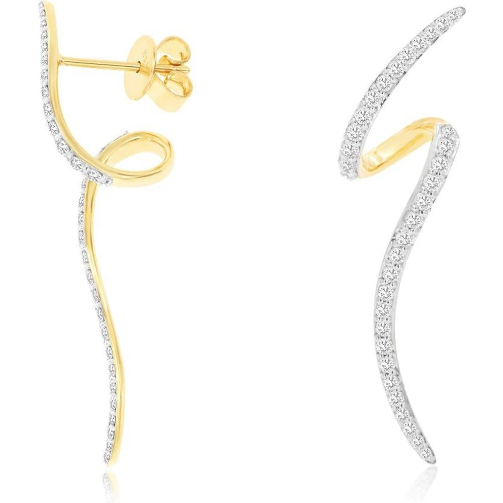 14K Yellow Gold Sweeping Drop Earrings with Pavé-Set Round Diamonds - 0.58 Carat Total Diamond Weight - Royal Jewelry