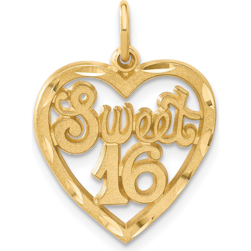 14K Yellow Gold Sweet 16 Heart Charm with Diamond-Cut Finish by Oro Pregiato