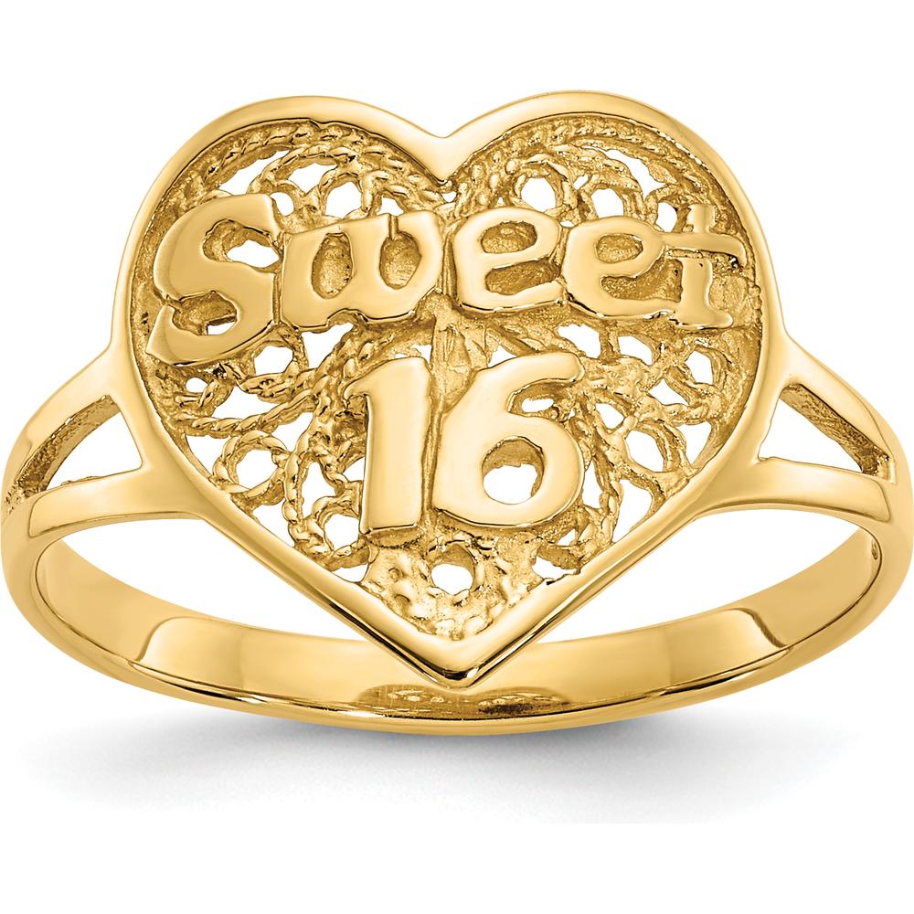 14K Yellow Gold "Sweet 16" Heart Ring with Polished Finish and Mesh Texture by Oro Pregiato