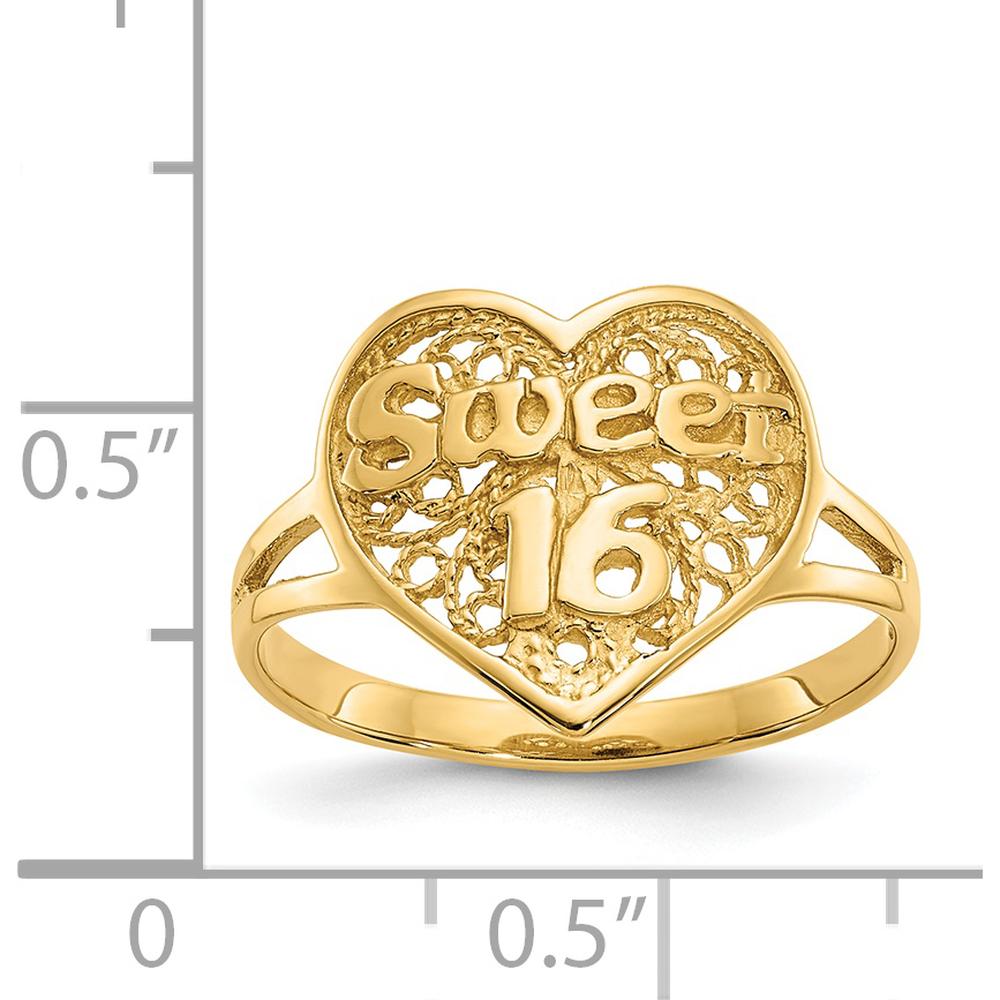 14K Yellow Gold "Sweet 16" Heart Ring with Polished Finish and Mesh Texture by Oro Pregiato