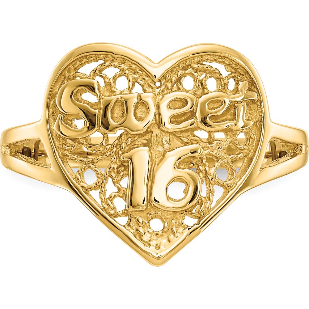 14K Yellow Gold "Sweet 16" Heart Ring with Polished Finish and Mesh Texture by Oro Pregiato