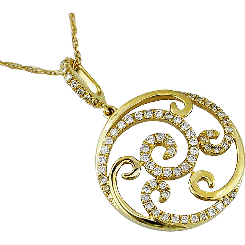 14K Yellow Gold Swirl Pendant Necklace with Pave Set Round Diamonds - 0.35 Carat Total Diamond Weight - Royal Jewelry