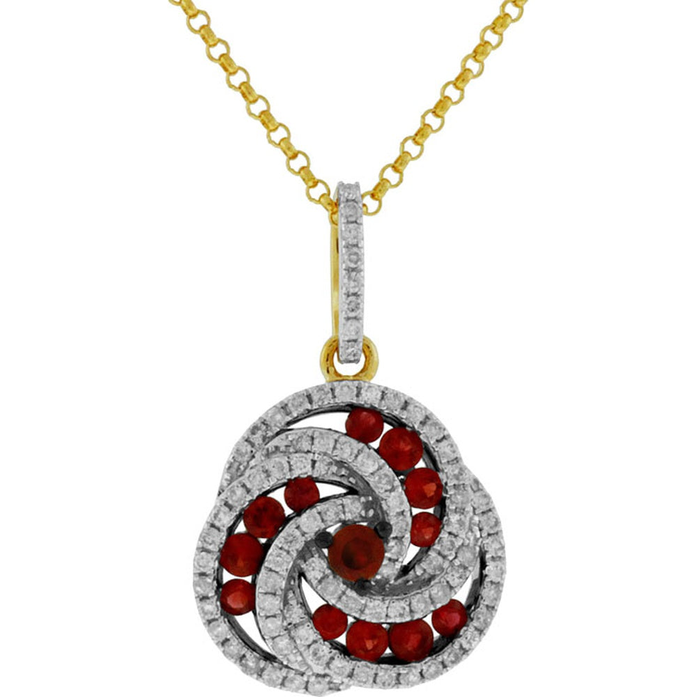 14K Yellow Gold Swirl Pendant Necklace with Round Rubies and Round Diamonds - 0.45 Carat Ruby and 0.35 Carat Diamond Total Weight - Royal Jewelry
