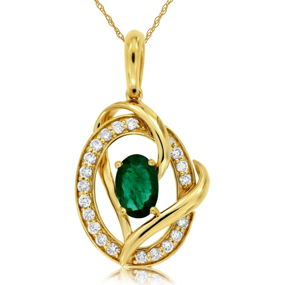 14K Yellow Gold Swirl Pendant with Oval Emerald and Pavé Set Round Diamonds - 0.44 Carat Emerald and 0.17 Carat Total Diamond Weight - Royal Jewelry