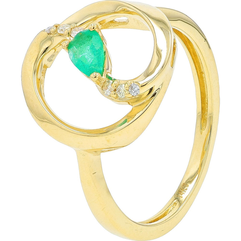 14K Yellow Gold Swirl Ring with Pear-Shaped Emerald and Diamond Accents - 0.20 Carat Emerald Total Weight and 0.05 Carat Diamond Total Weight
