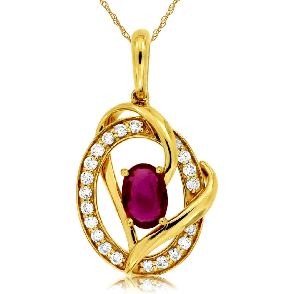 14K Yellow Gold Swirling Pendant with 0.56 Carat Oval Ruby and 0.17 Carat Round Diamond Accents - Royal Jewelry