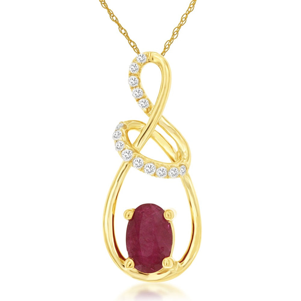 14K Yellow Gold Swirling Ribbon Pendant with Oval Ruby and Round Diamond Accents - 0.56 Carat Ruby and 0.08 Carat Total Diamond Weight - Royal Jewelry
