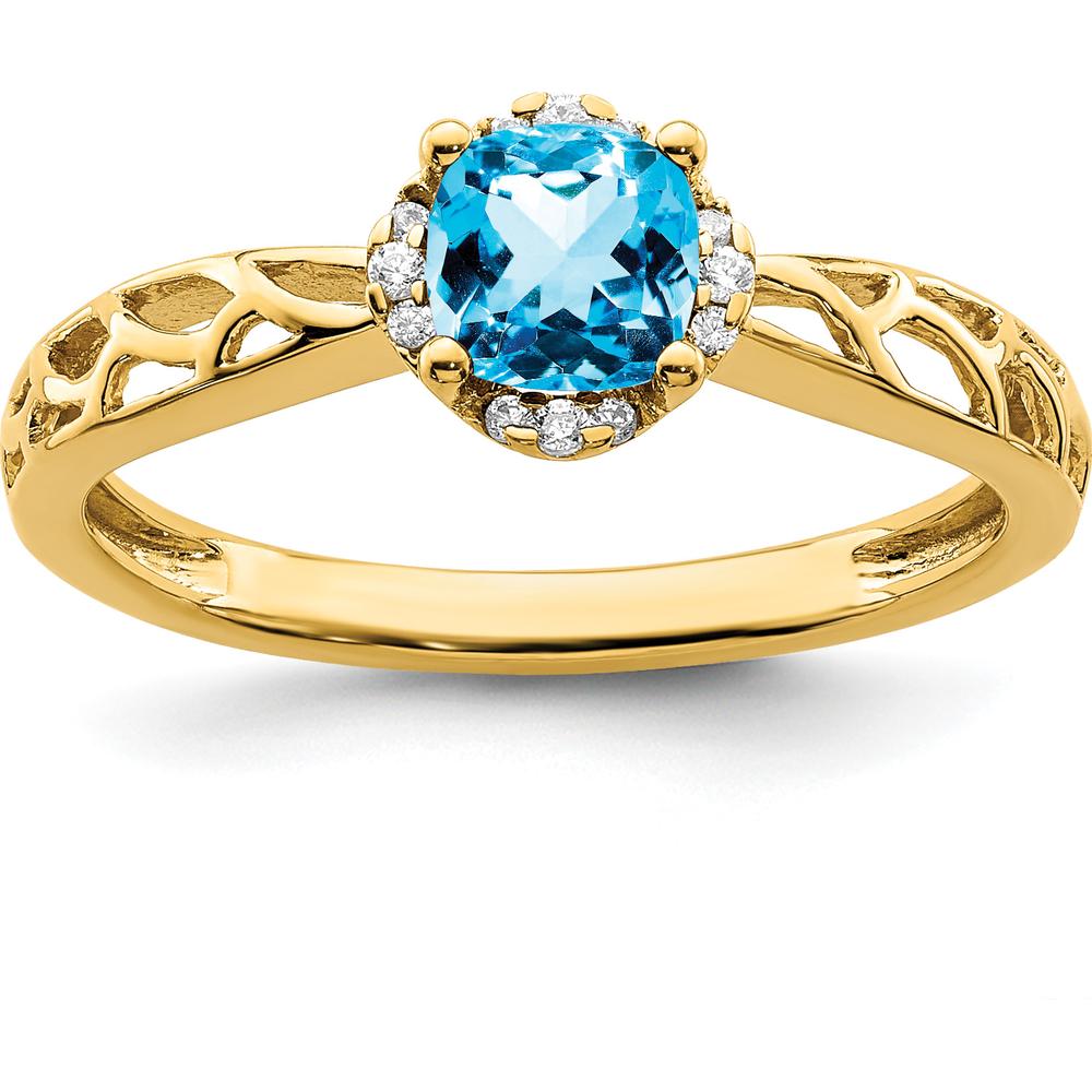 14K Yellow Gold Swiss Blue Topaz Cushion Cut Diamond Ring with 0.63 Carat Topaz and 0.024 Carat Diamonds by 0