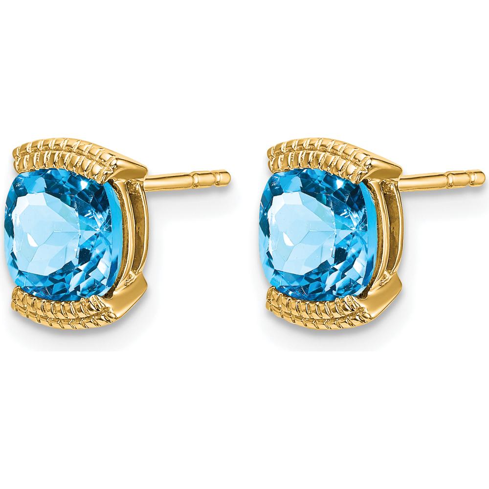 14K Yellow Gold Swiss Blue Topaz Cushion Cut Stud Earrings - 0.892 Carat Total Gem Weight by Monteluci Fine Jewelry
