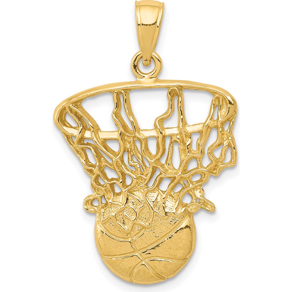 14K Yellow Gold Swoosh Basketball and Net Pendant - Textured Polished Design with Open Back Profile by Oro Pregiato