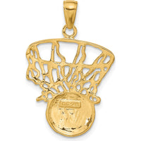 14K Yellow Gold Swoosh Basketball and Net Pendant - Textured Polished Design with Open Back Profile by Oro Pregiato