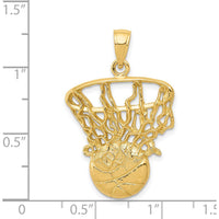 14K Yellow Gold Swoosh Basketball and Net Pendant - Textured Polished Design with Open Back Profile by Oro Pregiato