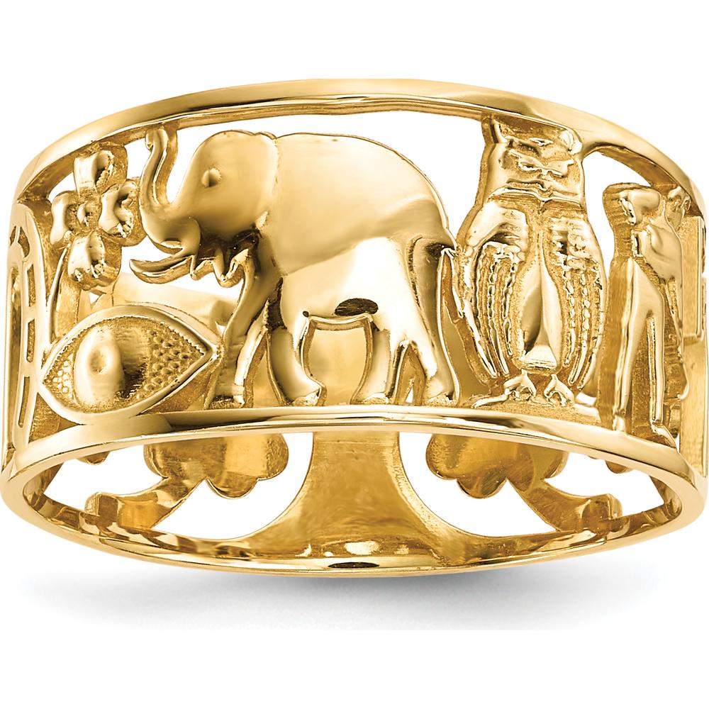 14K Yellow Gold Symbol Cut-Out 9mm Band with Elephant, Owl, and All-Seeing Eye Details by 0