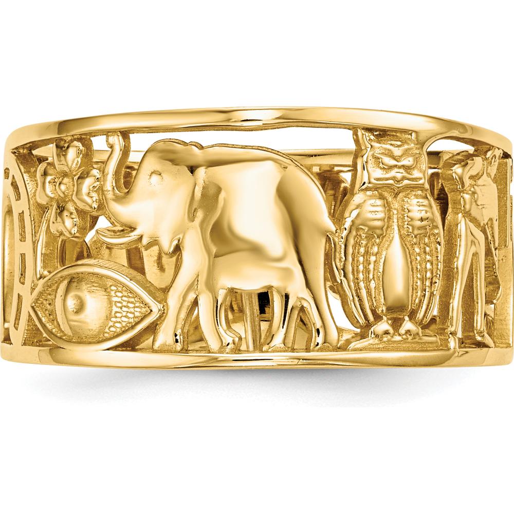 14K Yellow Gold Symbol Cut-Out 9mm Band with Elephant, Owl, and All-Seeing Eye Details by 0
