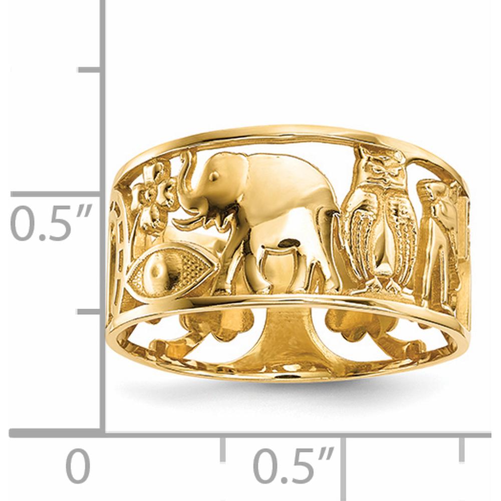 14K Yellow Gold Symbol Cut-Out 9mm Band with Elephant, Owl, and All-Seeing Eye Details by 0
