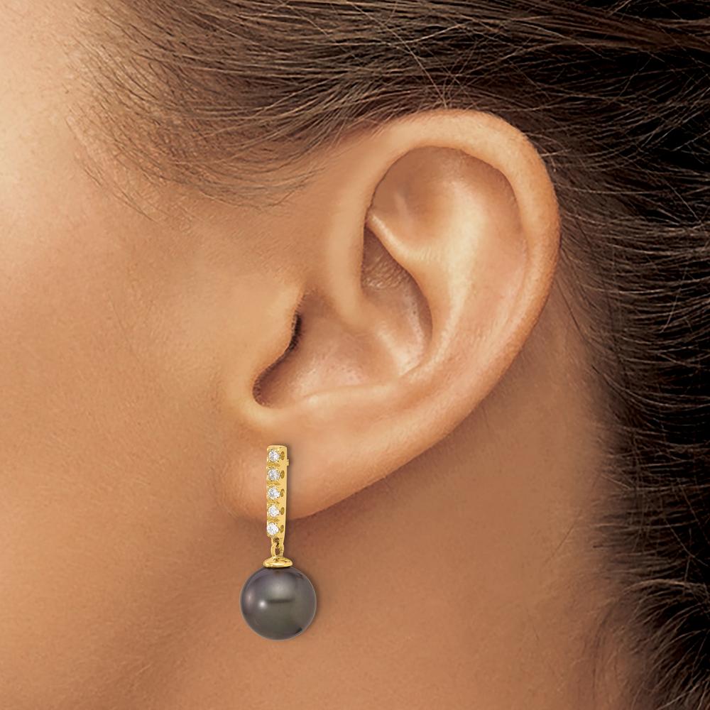 14K Yellow Gold Tahitian Black Pearl and Diamond Dangle Earrings - 0.20 Carat Total Diamond Weight by Monteluci Fine Jewelry